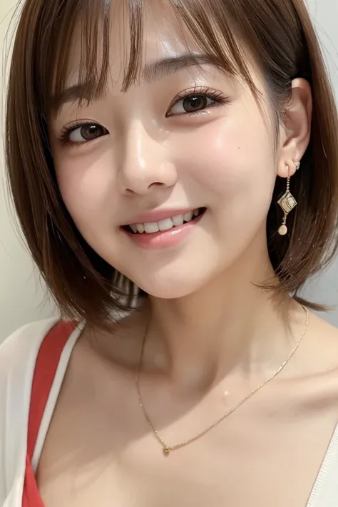 (((masterpiece))), ((photo realistic:1.3)), Japanese girl, thin eyebrows, (broad jawline,puffy face), no make up, (flat chest:1.3), short bob cut , light brown hair, ((messy hair)), earrings, necklace, tearful face, (laugh out loud:1.3), extreme close up ,...