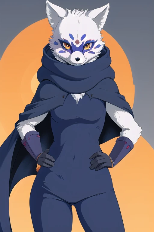 Alopex, arctic fox, furry, blue marks face, tmnt, orange eyes, girl1, solo, cape, cloak, Kunoichi Outfit, pants, best quality, masterpiece, standing