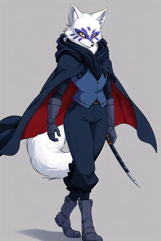 Alopex, arctic fox, furry, blue marks face, tmnt, orange eyes, girl1, solo, cape, cloak, Kunoichi Outfit, pants, best quality, masterpiece, standing