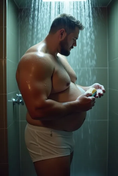  Side view, Side, Side view, JOGADOR DE RUGBY parrudo de fully body cueca boxer branca, taking a shower under the shower turned on, protruding belly on display, fully body, fatter, soap at your feet, He holds the soap lathering his belly with foam, the oth...