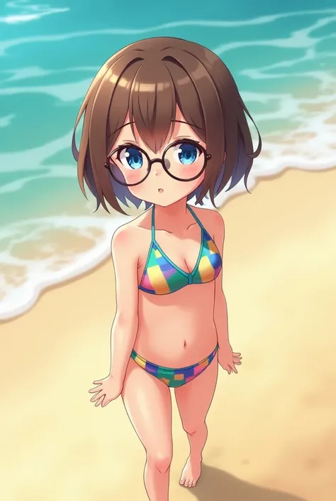 Teenage anime girl with short brown hair, round eye glasses, blue eyes, wearing a swimsuit at the beach and a shy look on her face