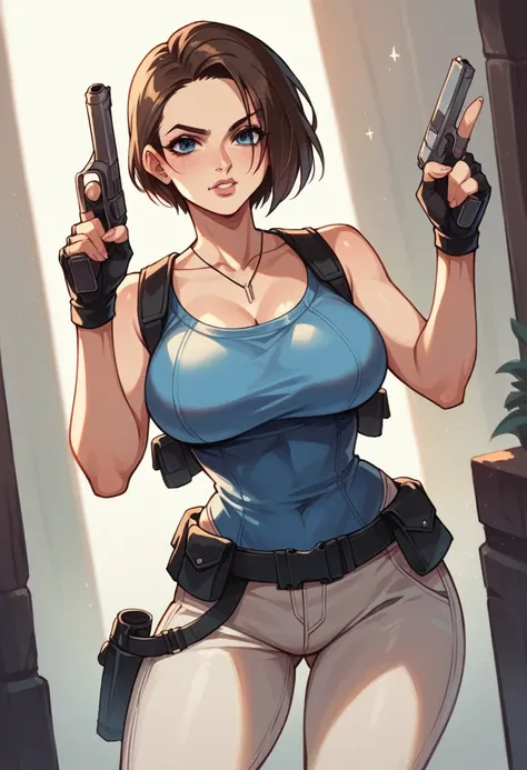 cute.Jill Valentine.nsfw.glamorous, voluptuous,with handgun.Pointing a handgun at the viewer