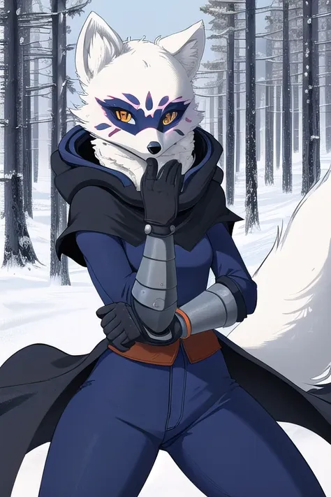 Alopex, arctic fox, furry, blue marks face, tmnt, orange eyes, girl1, solo, cape, cloak, gloves, Kunoichi Outfit, pants, best quality, masterpiece, Mouth Mask, forest, 