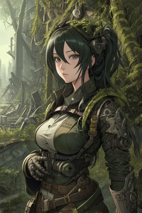 ((Highly detailed anime art)),Woman in ruins,City Ruins,Ranger Equipment,Shots from afar,goggles,A city swallowed by the forest,((masterpiece, Highest quality, Extremely detailed CG, unity 8k wallpaper )),(masterpiece, Highest quality, Highest quality, Off...