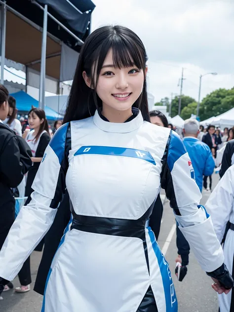 Japanese female android,Black Hair,White and blue robot suit,Plump,Eating cotton candy at a festival,smile