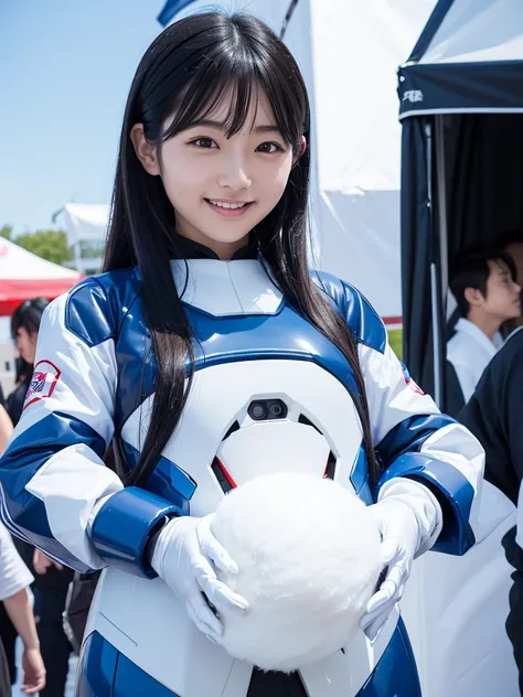 Japanese female android,Black Hair,White and blue robot suit,Plump,Eating cotton candy at a festival,smile