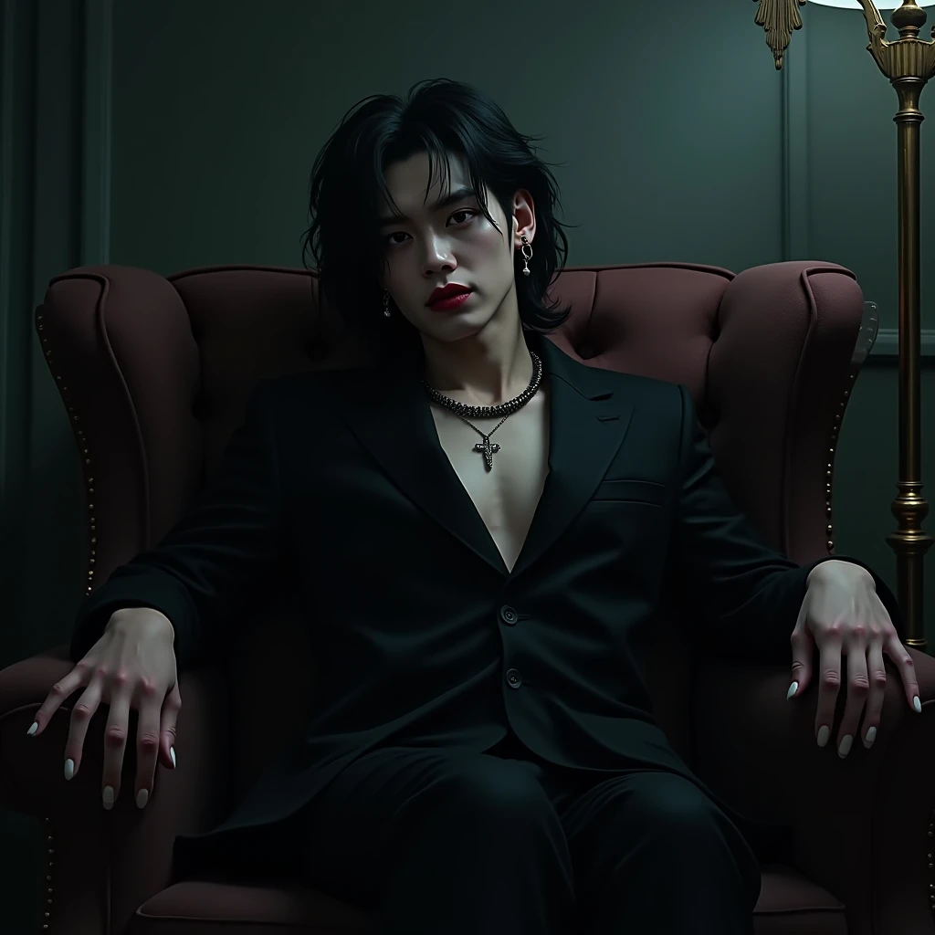 BTS Jeon jungkook as vampire sitting on sofa dark aesthetic with piercings on her ear lips 