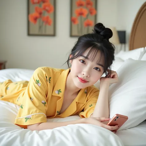 Beautiful Korean Women , smooth white skin, well-groomed face,black hair, bun up Korean style, wearing yellow pajamas with fruit motifs  ,posing lying on a luxurious bed ,,.eyes looking at camera,smiled faintly,disamping  ada lettop iPhone,bright white roo...