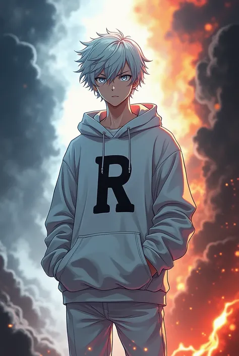 A adult boy in white hoodie with white pant
 written R in black colour in hoodie white hair background like he is in half heaven half hell with white eyes in anime