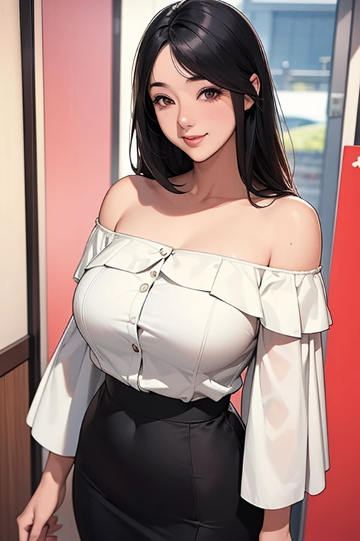 masterpiece,ultra detailed,1woman,off-the -shoulder short summer blouse,pattern skirt,standing,at tokyo,curvy body,medium straight hair,cute japanese gravure idol,black hair,(tareme),happy smile,oval face,make up,