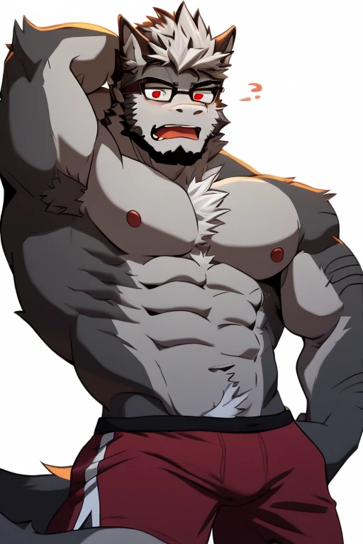 A Very Muscular Furry Gray Wolf. He is Topless with a red and gray shorts. His both hand is Together behind his head. The background is just Gray. He have a little messy and little spikey hair. He have gray and red eye. He is looking at the viewer. He is m...