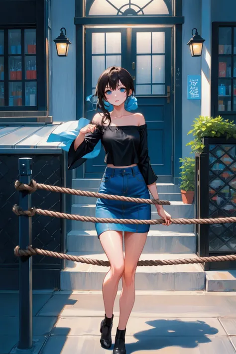 realistic anime illustration of adorable beautiful woman in front of a shop s ropes, wearing black 3/4 sleeve off shoulder, crop shirt, azure-blue denim pencil mini skirt, (1girl, solo, full body), (masterpiece, best quality, japanese anime style), (expres...