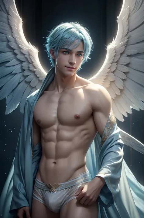 a male angel with light blue hair,bright golden eyes,perfect smile,average build,detailed eyes and face,extremely detailed skin,delicate facial features,heavenly atmosphere,cinematic lighting,intricate angelic wings,glowing aura,serene expression,masterpie...