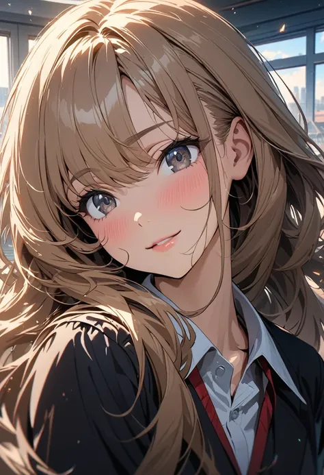 ((masterpiece)), ((best quality)), (ultra-detailed), ((extremely detailed)), 4K, (8K), best quality, (beautiful), anime style, close-up of face, detailed face, focus on the face, in the classroom, city, town, summer, a pretty woman, solo, school uniform, b...