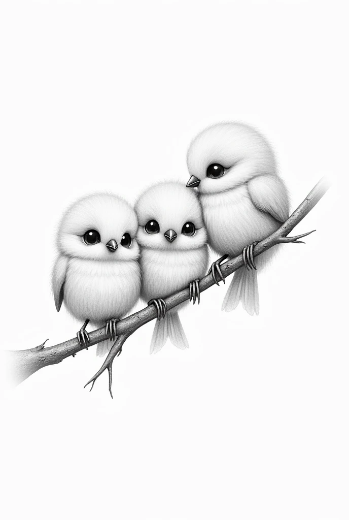 several different small cute fluffy birds sitting on a branch, pencil drawing black and white