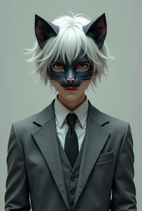 A young man with white hair wearing a cat-like mask and a gray suit. 