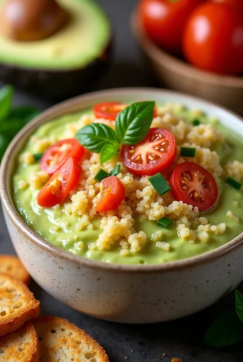 Tartar made with avocado, tomato, onion, quinoa, lemon zest and paprika