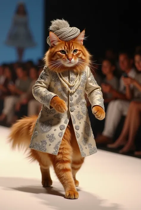 A fluffy brown tabby cat glides down a runway on two legs, wearing a stunning Pakistani grooms sherwani with heavy silver embroidery. He wears a matching turban and a pearl necklace. The crowd is enchanted, snapping photos of this glamorous groom."