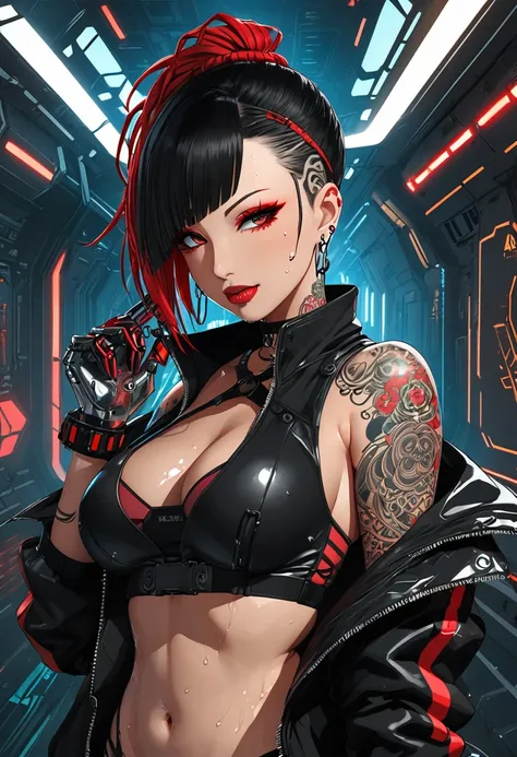 Christy Mack, Close no rosto, estilo anime cyberpunk, art by Naoyuki Onda, mulher with tattoos nos braços, with tattoos, in a black and red crop top, Black jacke, seducing smile, seductive lady, Bblack hair, wet, red dreadlock, with a metal glove, a neon r...