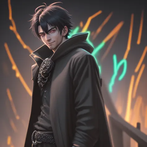 anime boy 25 y.old ,back hair,He puts his hand in his pocket ,and he looks like with killer looks and a smile of confidence, close up dangerous aura, powerful,cloak streetwear, ritual, 3d, render,Top view lens, neon lights on costume, neon glowing, ultra r...