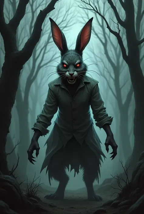 Evil female rabbit in a spooky forest. wearing a closed shirt and sharp claws 