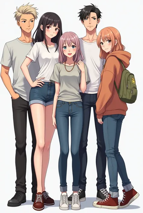 anime profile pictures, consist of three girls and two boys, good quality, casual outfit.