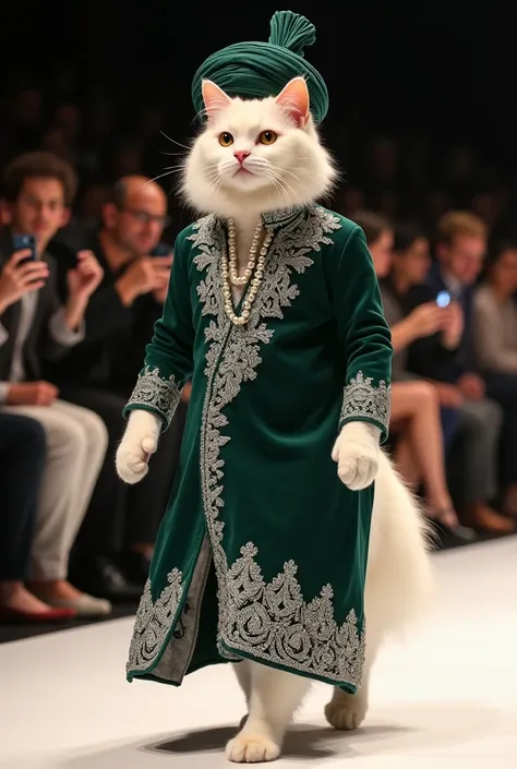 A fluffy white tabby cat glides down a runway on two legs, wearing a stunning Pakistani grooms dark green long sherwani with heavy silver embroidery. He wears a matching turban and a pearl necklace. The crowd is enchanted, snapping photos of this glamorous...