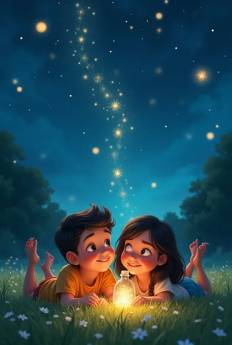 illustration , Maria and Lucas lying on the grass, under a night sky filled with shooting stars. The stars fall softly, and the two friends collect the glowing dust in a magic little bottle. Disney pixar