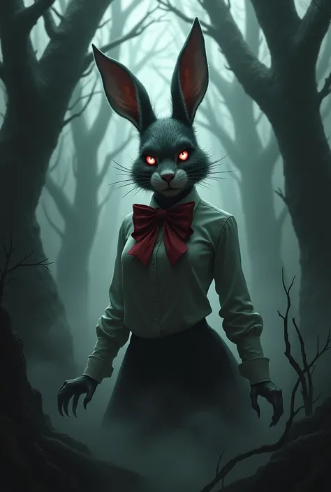 Evil female rabbit with red bow in a spooky forest. wearing a closed shirt and sharp claws 