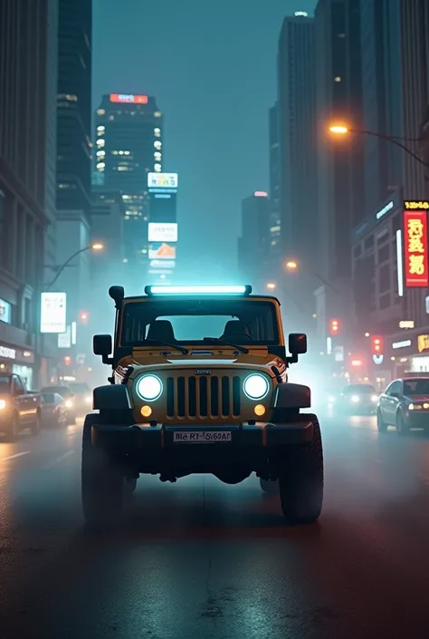   driving a Mahindra Thar  in busy road in Singapore at night with fog 