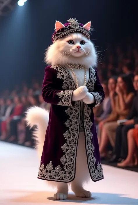 A fluffy white tabby cat glides down a runway on two legs, wearing a stunning Pakistani grooms dark purple velvat sherwani with heavy silver embroidery. He wears a matching turban and a pearl necklace. The crowd is enchanted, snapping photos of this glamor...