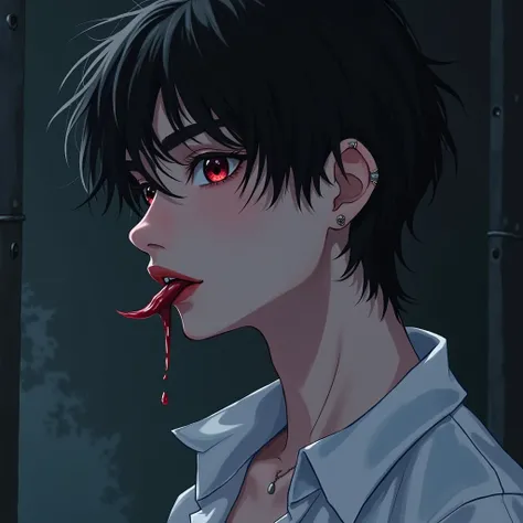 BTS Jeon jungkook as vampire dark aesthetic with piercings on his ear lips wearing white loose shirt in anime version showing his sharp teeth and sexyness closeup shot side profile blood flowing from his lips