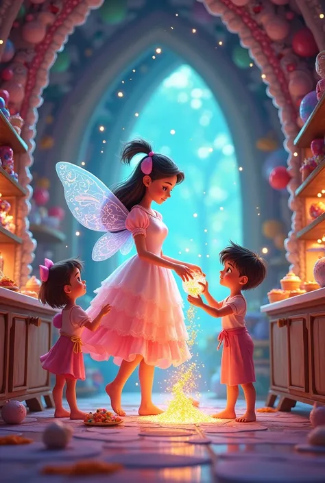 illustration , The Melody Fairy preparing the Happiness Candy in the kitchen of the candy house, with Maria and Lucas helping. The kitchen is magical, with colorful ingredients and lights shining all around. Disney pixar