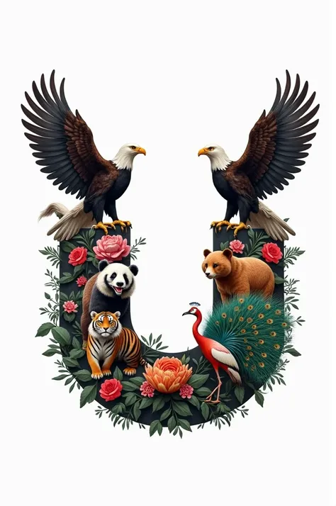 Create a U logo with American eagle,Indian green 
peacock, indian bengal tiger,china panda, china red crowned crane bird in word itself not excluding boarder in black and white colour
