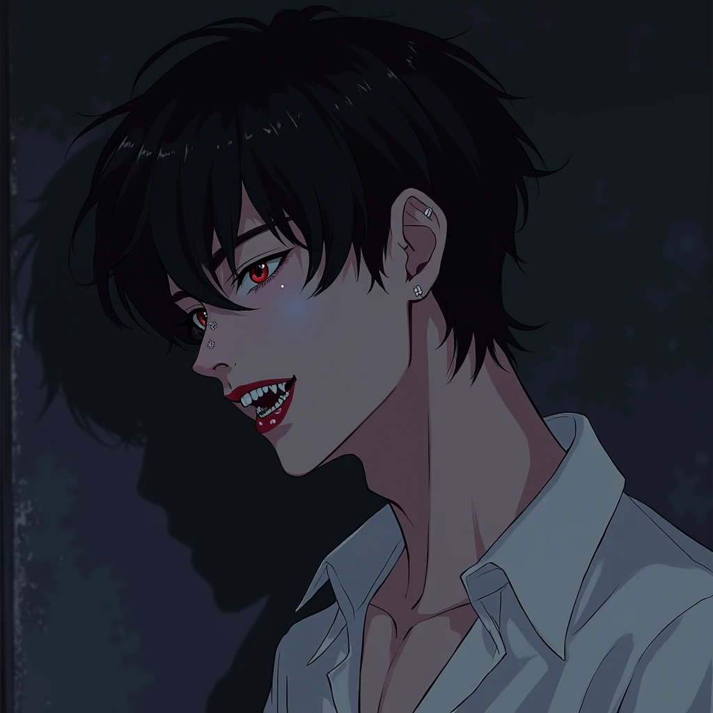 BTS Jeon jungkook as vampire dark aesthetic with piercings on his ear lips wearing white loose shirt in anime version showing his sharp teeth and sexyness closeup shot side profile 