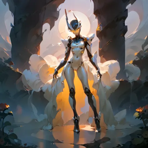 a uncanny feminine robot , highly skinny,long arms,long legs,big shoulder, beautiful glowing robotic eyes,full body,liquid refle...