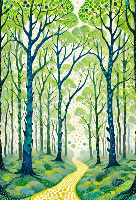 a painting of a group of Trees with green and blue dots, Pointillism painting by Varaseh Din, flickr, art, whimsical forest, bright nordic forest, painting of a forest, bright forest, Some yellow-green and blue, forest. white Trees, yellow and greens, Tree...