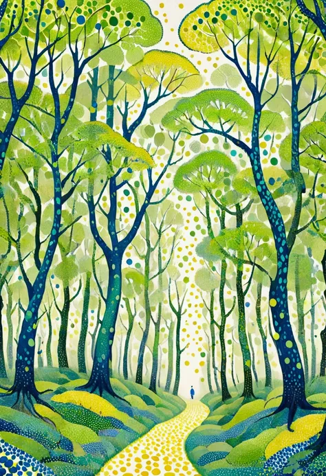 a painting of a group of Trees with green and blue dots, Pointillism painting by Varaseh Din, flickr, art, whimsical forest, bright nordic forest, painting of a forest, bright forest, Some yellow-green and blue, forest. white Trees, yellow and greens, Tree...