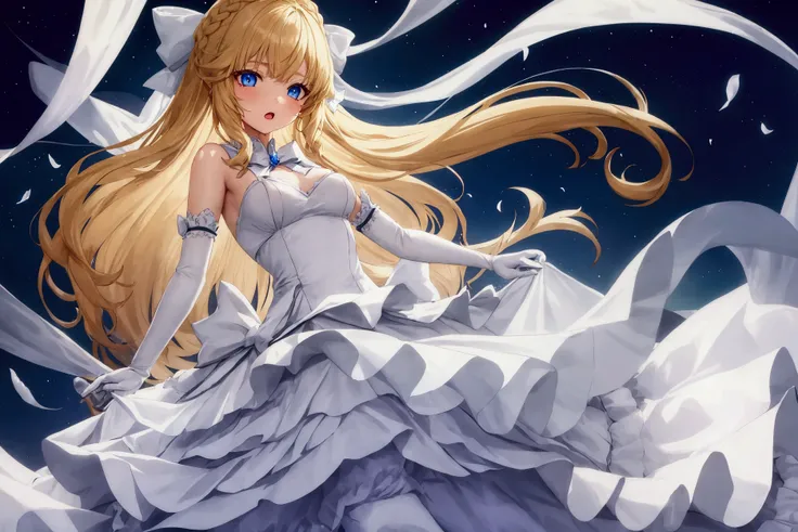 (1girl),character Anime theiamillis gre forthorthe,princess,long hair, transparent background, solo, full body, blue eyes, dress, gloves, looking at viewer,standing, white gloves, bow, hair bow, blonde hair, elbow gloves, very long hair, white legwear, whi...