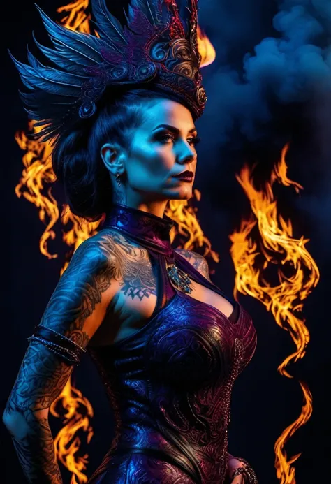 a beautiful American woman in fire dress, in the style of dark black and purple, tattoo, uhd image, body extensions, dark crimson and sky-blue