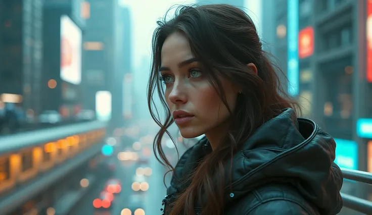 Highly realistic, Photorealistic, HDR, 4k, Unreal Engine, Photoshopped,  cyberpunk land,beautiful long haired brunette middle aged women,  with green eyes,exploring  a futuristic city 