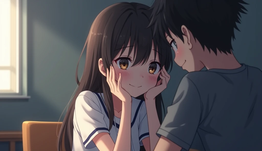 Anime-style scene of a female student who has just woken up, sitting next to me at the same desk. She looks at me tiredly., Pained eyes, Look up a little, Then place your face in your palm, Supported by the hand on her cheek, To support a sore head. The ch...