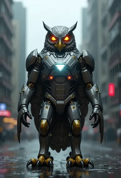 Marvel&#39;s Iron Man as an owl standing outside City 17, rainy, RTX, octane, unreal