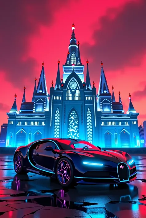 Beautiful palace a black buggati at night with blue neon light with sky red