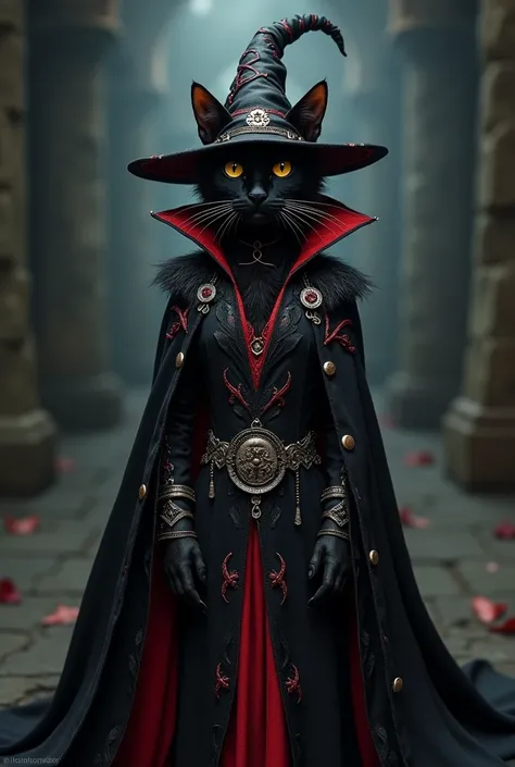 Villain Cat in Dark Devil Dress with Magic Cap:

Description: A black villain cat dressed in a dramatic dark devil-themed dress adorned with red and silver details. The outfit includes a flowing cape and a sinister magic cap with mystical symbols. The cats...