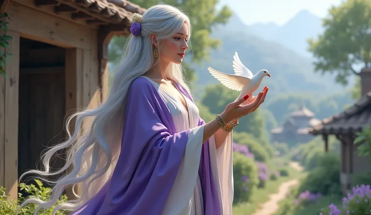 Full-body portrait. A beautiful silver-haired elven woman, wearing purple and white clothes, stands while flying a dove. The background is a simple house made full of shiny brown wood in an elven village. The background of the house is a beautiful elven vi...