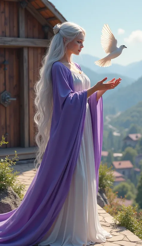 Full-body portrait. A beautiful silver-haired elven woman, wearing purple and white clothes, stands while flying a dove. The background is a simple house made full of shiny brown wood in an elven village. The background of the house is a beautiful elven vi...