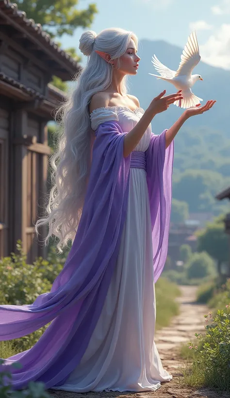 Full-body portrait. A beautiful silver-haired elven woman, wearing purple and white clothes, stands while flying a dove. The background is a simple house made full of shiny brown wood in an elven village. The background of the house is a beautiful elven vi...