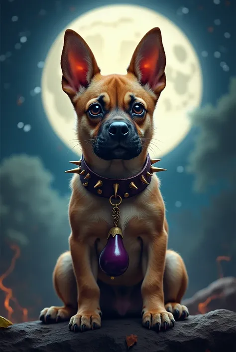 Masterpiece. Double exposure. Conceptual art. 16K. UHD. High quality, photorealism. Thematic background.
Cute serious Guard Puppy. Leather collar with spikes. On the collar hangs a pendant in the form of a small eggplant. Starry night. Full moon.
Fantasy. ...