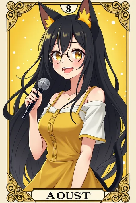 Create a 8 of square card with a young woman, a yellow and white dress, looking happy and holding a microphone in her hand, tarot style,  black long hair, yellow hair tail, Black and yellow highlighted hair color, Black and yellow gradient hair color, wear...